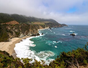 Coastal landscape with a beach and dramatic cliffs