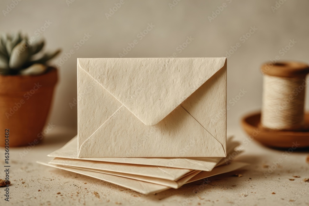 Poster stack of textured cream envelopes on a rustic surface with natural light