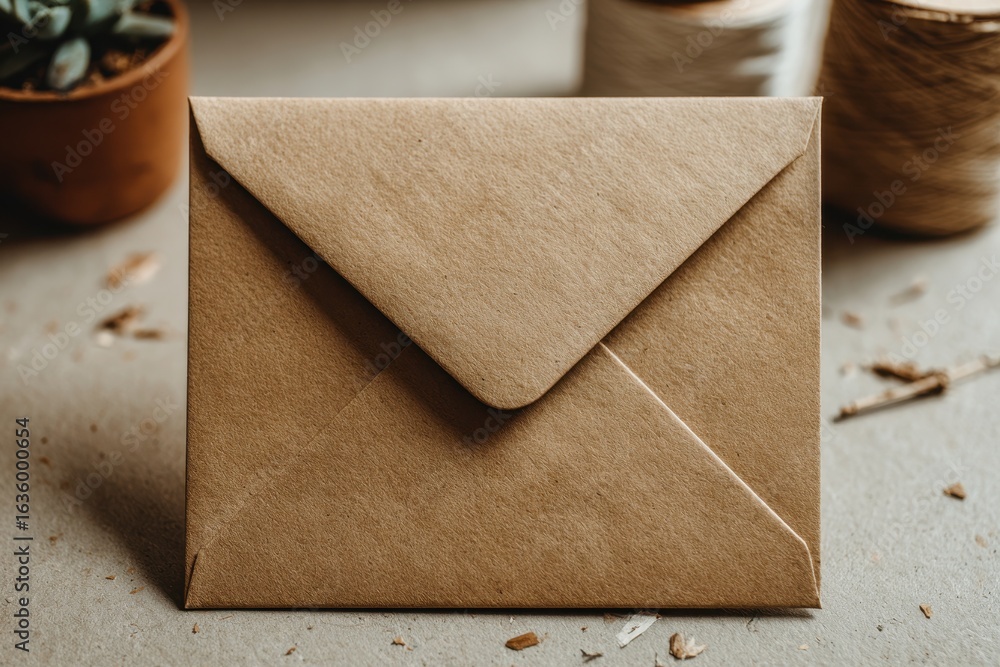 Aufkleber a close-up of a simple brown kraft paper envelope on a rustic desk with soft lighting.