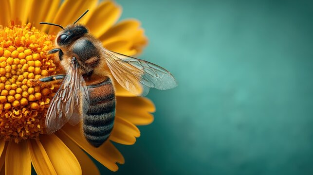 Solitary honeybee sitting on a bright yellow daisy petal with mint-green background