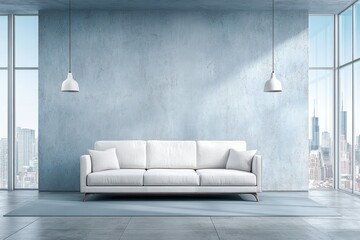Contemporary urban living space featuring a white sofa and city panorama.