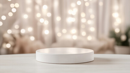 Modern empty white pedestal with fairy lights on blurry bokeh background