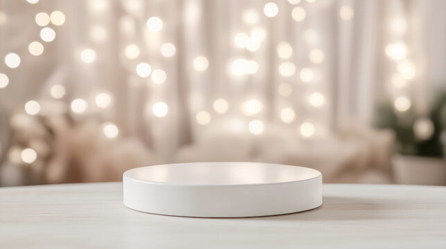 Modern empty white pedestal with fairy lights on blurry bokeh background