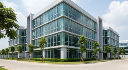 Fototapeta premium A modern multi-story commercial building with a glass facade, set in a landscaped business park on a sunny day.
