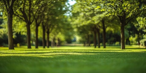 Fototapeta premium Lush green lawn underneath a sprawling tree canopy, creating a serene and tranquil outdoor backdrop.