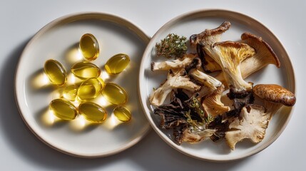 Fototapeta premium Glossy white plates display vitamin D softgels alongside assorted dried mushrooms