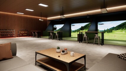 Indoor Golf Simulator with Lounge and Fitness Equipment