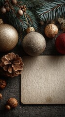 Obraz premium Elegant holiday decorations with pinecones and blank card on textured surface
