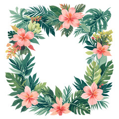 Fototapeta premium Tropical Floral Frame with Lush Green Leaves and Vibrant Pink Hibiscus Flowers on White Background