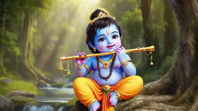 Little Krishna sits by the river playing flute surrounded by lush greenery in a serene environment