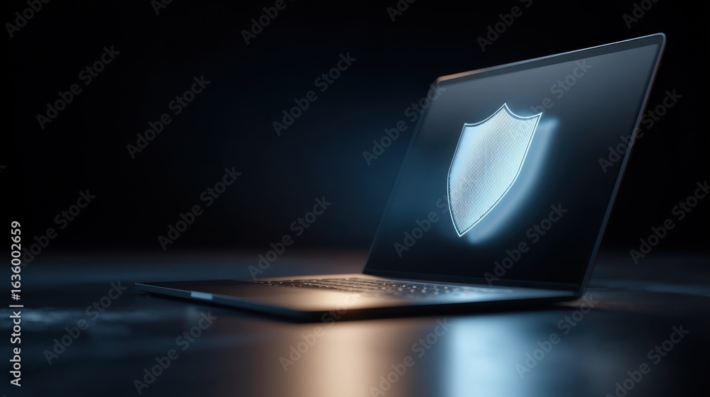 Poster sharp focus on a laptop with a luminous shield emblem floating overhead representing comprehensive c