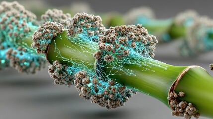 Bamboo culm node with green nano-mesh and blue glowing alumina nanoparticles