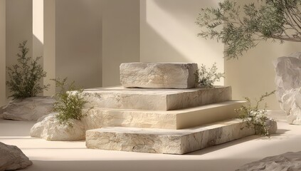 Beige Stone Steps Podium Display With Plants