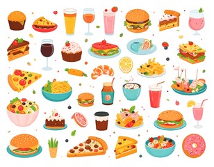 Colorful food and drink illustrations. Various dishes and beverages, from pizza and burgers to cakes and smoothies, in a flat design style