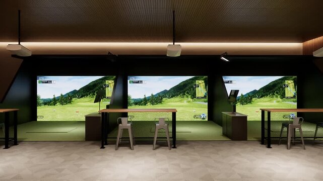 Closeup Slider shot of  a Indoor Golf Simulator Bays with Modern Interior Design 3d rendering  - Powered by Adobe