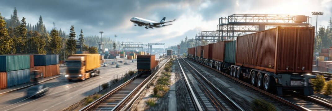 Logistics hub showcases cargo trains, trucks, and an airplane beneath a cloudy sky, emphasizing coordination in transportation and efficiency. This represents the idea of worldwide supply chain ma