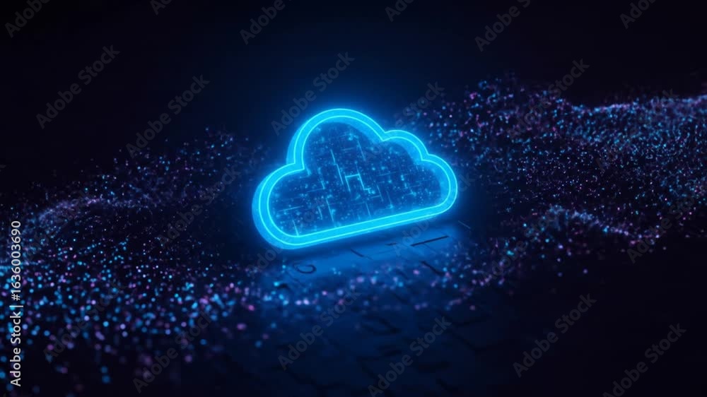 Poster cloud computing symbol glowing with digital particles flowing abstractly