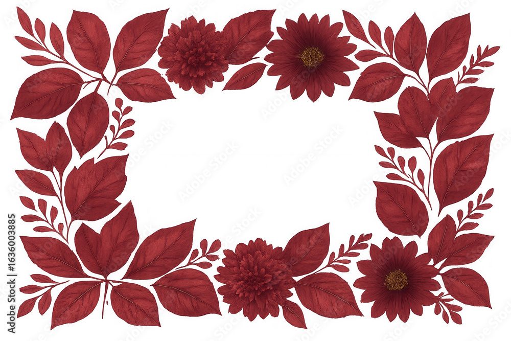 Poster red floral frame featuring delicate petals and verdant leaves, creating elegant border design elemen