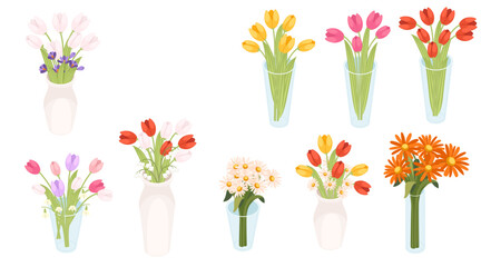 Flower vase arrangements collection. Transparent containers with mixed bouquets. Tulips, daisies, and assorted blooms in different colors. Vector illustration isolated on white background