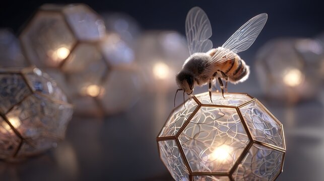 A delicate bumblebee hovering over glowing geometric honeycomb structures with a medicinal aura.
