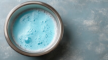 Minimalist kitchen sink with milky-blue dishwashing liquid and floating bubbles