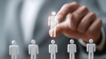 Selecting the best candidate from a line of figures, suggesting recruitment, talent acquisition, or human resources concepts. Focused, deliberate choice.