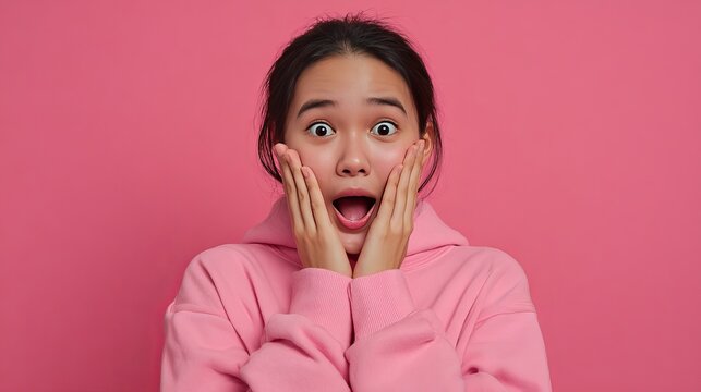 A young woman expresses raw shock and surprise, her eyes wide with awe as she clutches her face, a pink hoodie amplifying the effect, creating a visual symphony of raw human emotion.