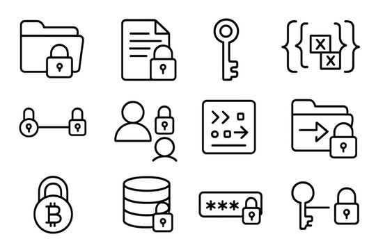 Data Encryption Icons. Line style icons of data encryption: encrypted folder, padlock on document, encryption key, ciphertext