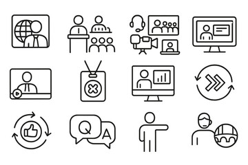 Hybrid Presentation Icons. Line style icons of hybrid presentations: remote presenter icon, live + virtual audience, hybrid stream