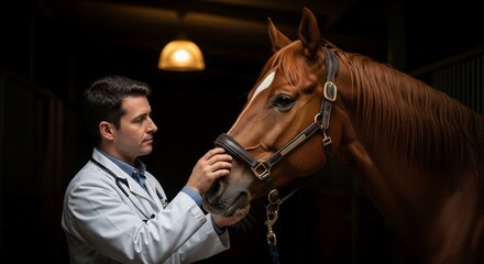 veterinary health check veterinarian examining horse in stable