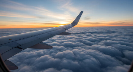 Obraz premium Airplane Wing Above a Sea of Clouds at Sunset.