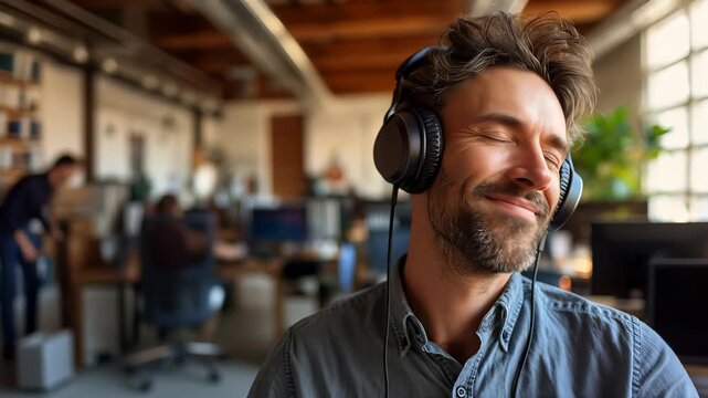 A focused man wearing headphones, enjoying his music in a modern creative workspace, showcasing the importance of relaxation and creativity in a stimulating environment.