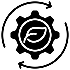 Green Engineering Glyph Black Silhouette Icon Design Vector - gear with a leaf inside and circular arrows, symbolizing sustainable technology and eco-friendly engineering