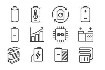 EV Battery Icons. Line style icons of EV battery technology: lithium-ion cell, battery temperature icon, battery cycle count,