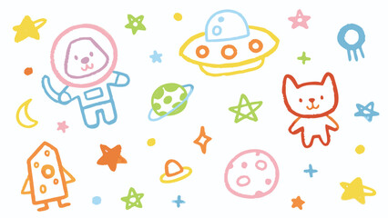 Illustration of space themed doodles with a dog astronaut, cat, ufo and planets scattered around
