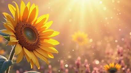 Serene sunflower standing tall in a sunlit garden field during the golden hour, bathed in tranquil summer warmth