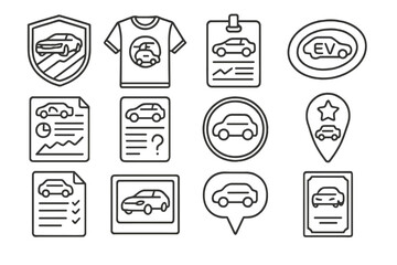 EV Fan Icon Set. Line style icons of EV hobby and fan culture: custom wrap badge, EV club t-shirt icon, car meet pass, EV decal