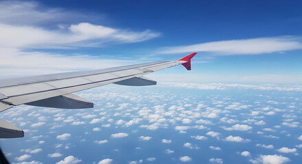 Airplane Wing and Winglet Above Fluffy Cumulus Clouds.