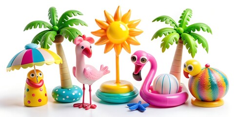 Collection of whimsical summer beach vacation decorations including a sun, palm trees, flamingos, and a beach umbrella, evoking a fun and tropical atmosphere
