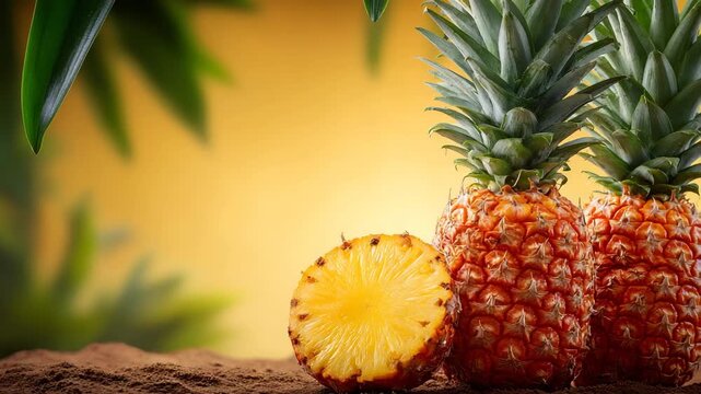 A close-up of pineapples on sand with a blurred tropical background. The juicy half of the fruit shows off its fresh flesh.