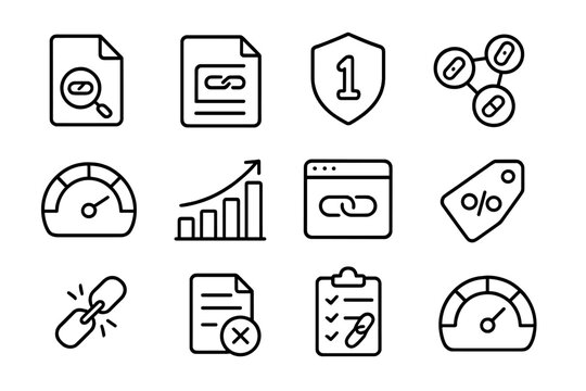 SEO Icon Set. Line style icons of backlink analysis: backlink checker file, anchor text report, domain authority badge, referring