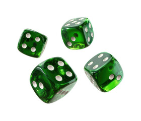 Rolling green dice in a game ambiance viewpoint for fun and luck isolated on transparent background, png