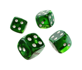 Rolling green dice in a game ambiance viewpoint for fun and luck isolated on transparent background, png