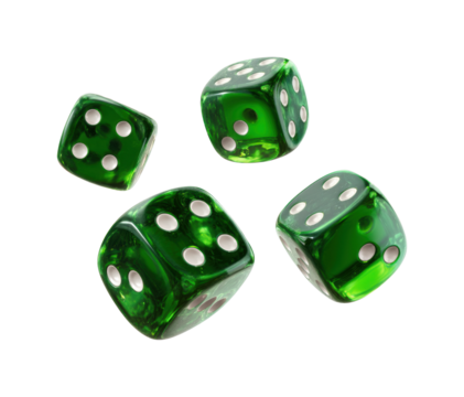 Rolling green dice in a game ambiance viewpoint for fun and luck isolated on transparent background, png