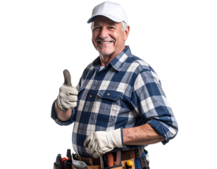 Older Handyman Giving Thumbs-Up, Wearing Cap and Gloves, Side Angle View, Isolated on Transparent Background PNG
