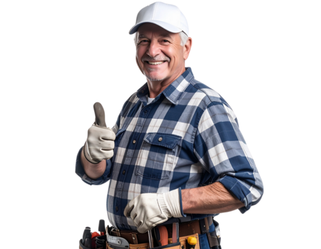 Older Handyman Giving Thumbs-Up, Wearing Cap and Gloves, Side Angle View, Isolated on Transparent Background PNG