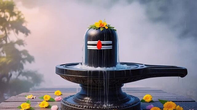 Sacred ritual at a serene temple with water flowing over a shivling and flowers scattered around at dawn