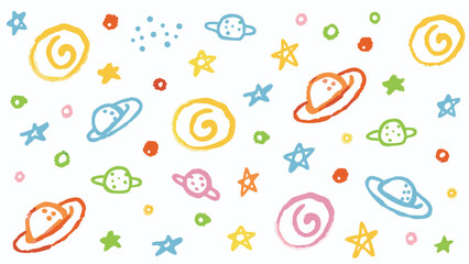 Colorful hand drawn space pattern with planets stars and spiral galaxy on a white background design