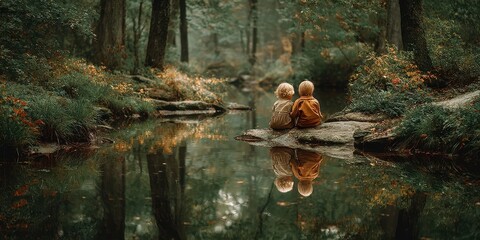 Two children sitting by a serene river reflection in a lush forest during autumn