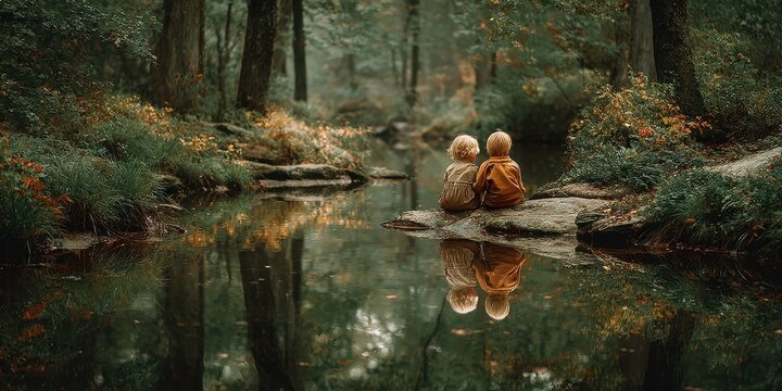 Two children sitting by a serene river reflection in a lush forest during autumn